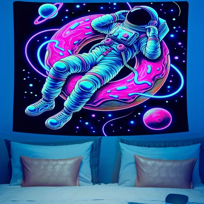 Tapiz UV de Astronauta con Donut Neón – Decoración espacial para pared, dormitorio o fiestas