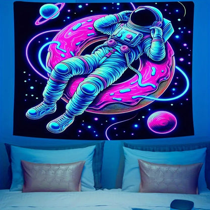 Tapiz UV de Astronauta con Donut Neón – Decoración espacial para pared, dormitorio o fiestas