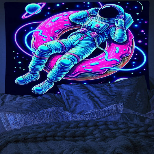 Tapiz UV de Astronauta con Donut Neón – Decoración espacial para pared, dormitorio o fiestas