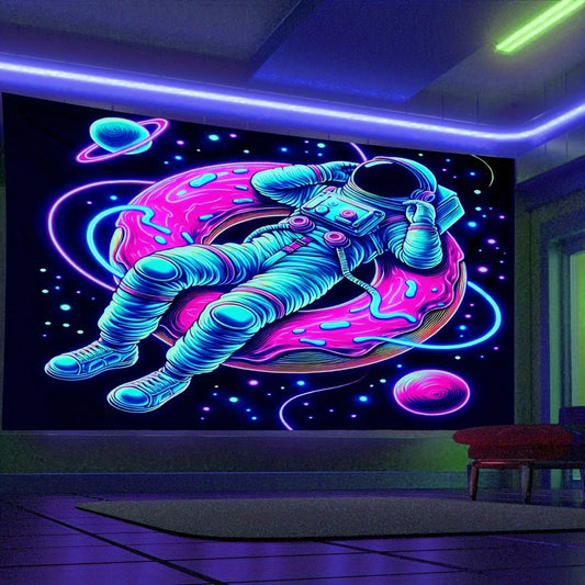 Tapiz UV de Astronauta con Donut Neón – Decoración espacial para pared, dormitorio o fiestas